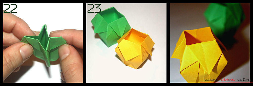 Оригами, изготовление простой вазы из разноцветной бумаги. Фото №6