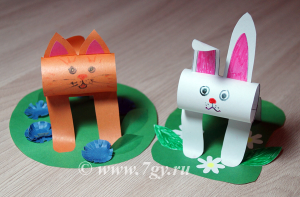 Поделка котик и заяц на полянке из цветной бумаги 3d с шаблоном