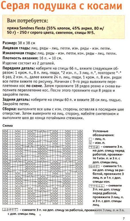 Описание и схема вязания для серой подушки с косами