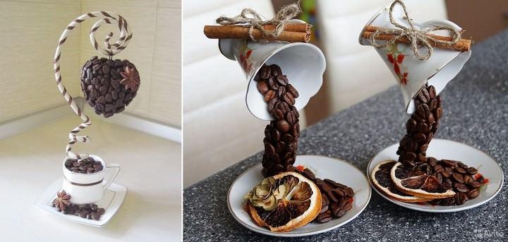 Топиарии с зернышками кофе – это настоящие кофейные деревца, дизайн которых может быть самым разным. От простого мини-дерева в горшочке с круглой кроной до так называемой «парящей чашки» и кофейного-кошелечка