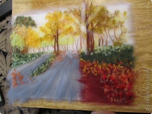  Картина, панно, Мастер-класс Валяние (фильцевание): Картина из шерсти "Осень в парке" Шерсть. Фото 12