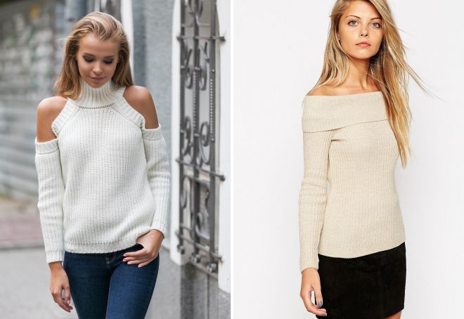 белый свитер с открытыми плечами