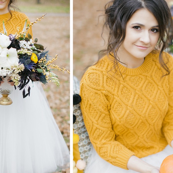 Яркий свитер – пример необычной свадебной накидки