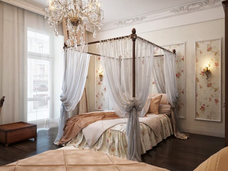 Спальня в стиле барокко декорирована изящным, воздушным балдахинном, который делает отдых еще более расслабляющим. 