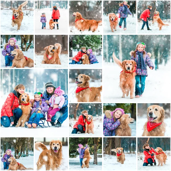 Зимние прогулки с детьми и собака — стоковое фото