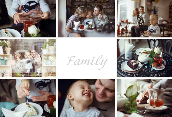 Портрет молодой семьей завтрака в кафе. Понятие счастливой семьи и смешные время вместе. Коллаж счастливой семьи — стоковое фото