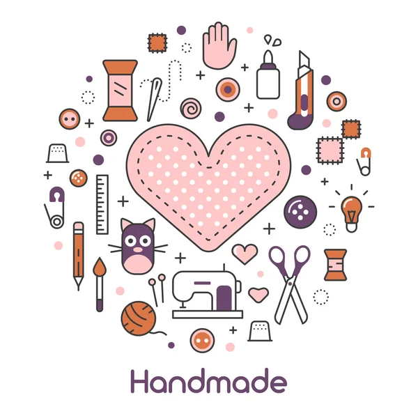 Hand Made Sewing Crafting Line Art Thin Vector Icons Set with Tools and Accessories — стоковый вектор