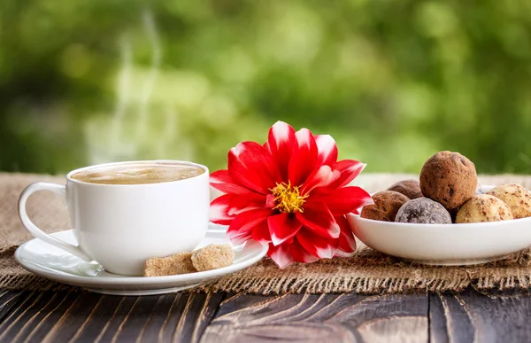 Чашка кофе, цветы и конфеты shekoladnye — стоковое фото