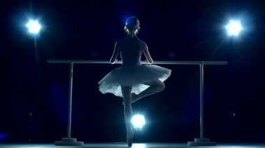 Молодая балерина заставляет вас наклониться вперед. вид сзади. медленное движение — стоковое видео