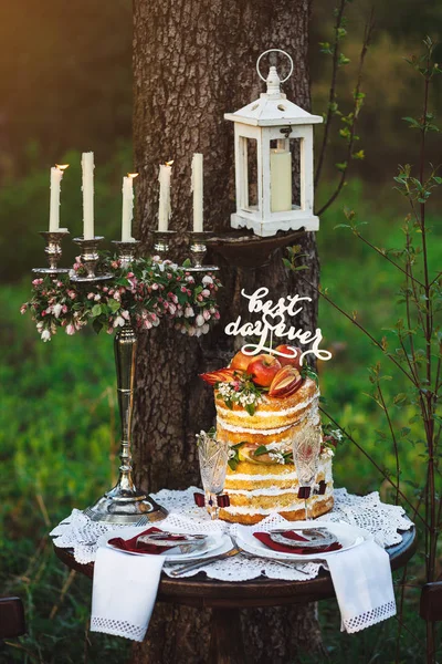 Служил Таблице Подсвечник Красивый Свадебный Торт Размещены Открытом Воздухе Лужайке — стоковое фото
