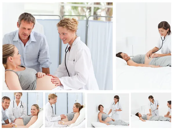 Коллаж беременных пара с врачом — стоковое фото